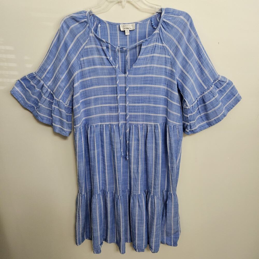Signature by Robbie Bee Boho Blue and White Stripe Tiered Dress Bell Sleeve Sz S
